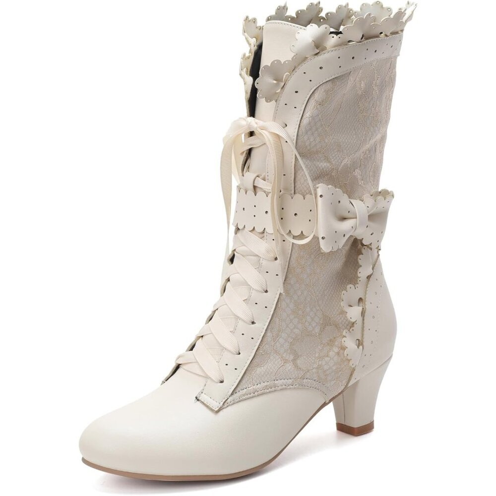 Women's Leather Beige Victorian Boots Chunky Heel Lace up Cute Bow Knot Mid Calf